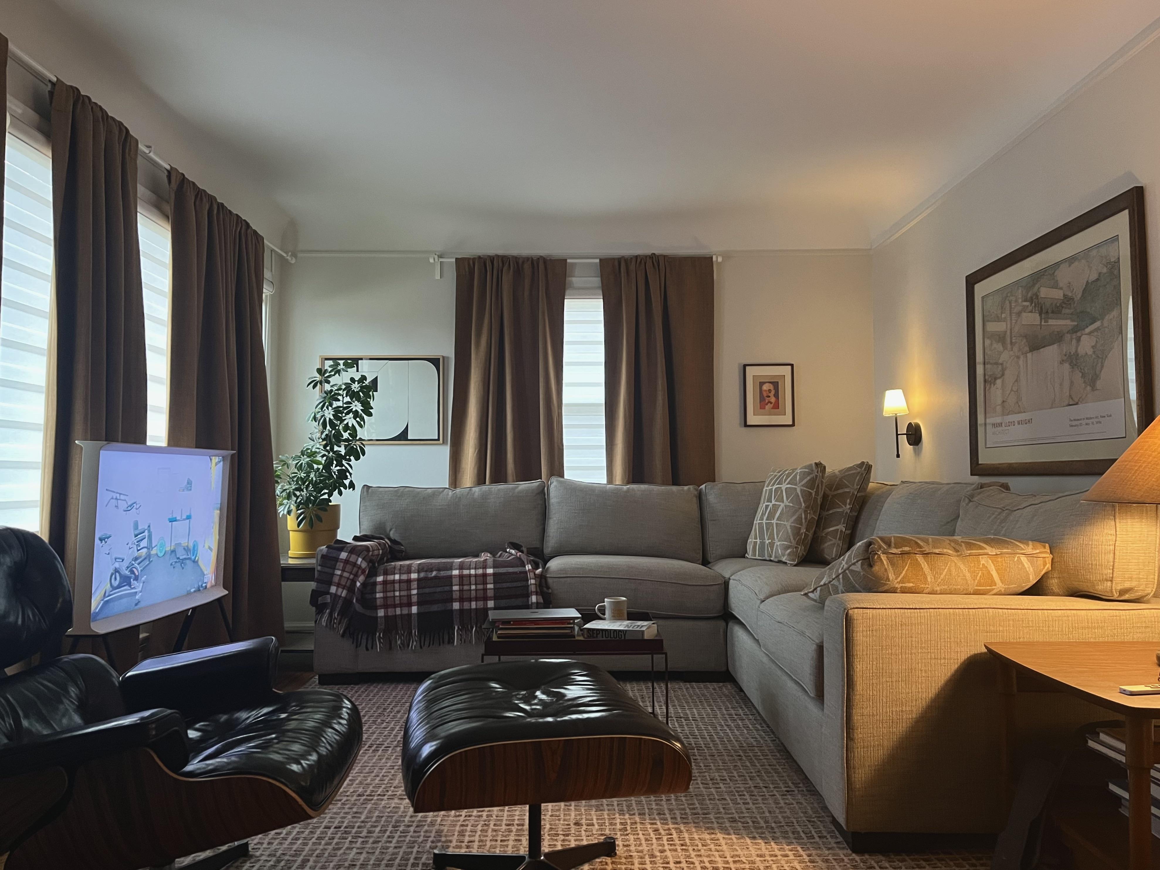 Couch crammed into a living room