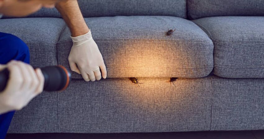 Person inspecting a used couch for quality