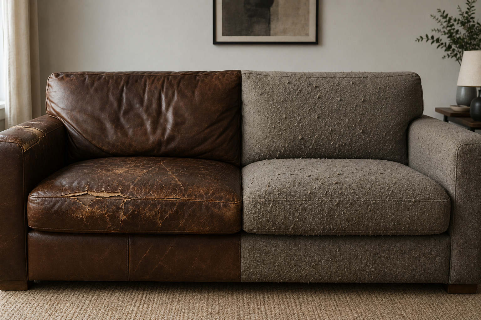 Close-up of fabric wear and pilling on a used couch upholstery