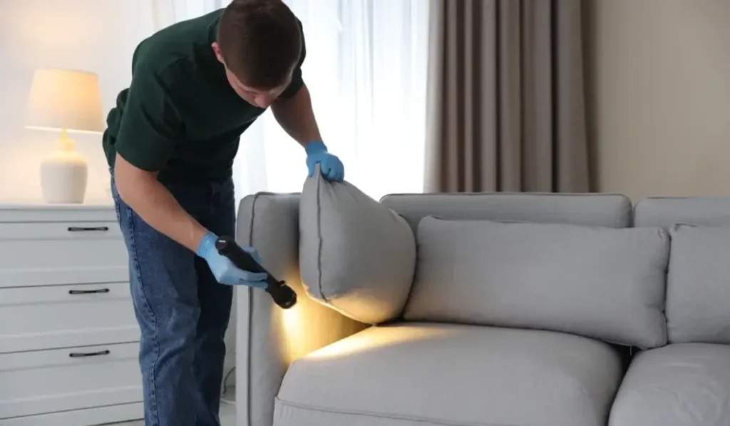 Finity team inspecting and restoring a sofa